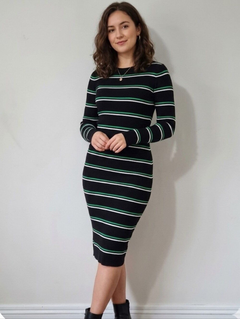 Seven Sisters Black Striped Long-Sleeve Knit Midi Dress Size XS